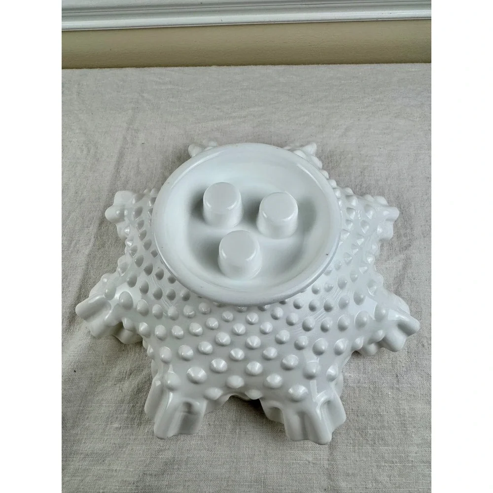 Fenton White Milk Glass Hobnail 3-Horn Epergne Ruffled Centerpiece Vase 4-Piece